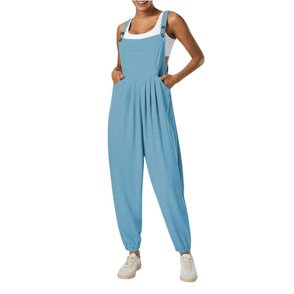 WCMZJ Women's Casual Jumpsuits Waffle Knit Front Pocket Loose Overalls One Piece Sleeveless Wide Leg Long Pant Rompers Light Blue S