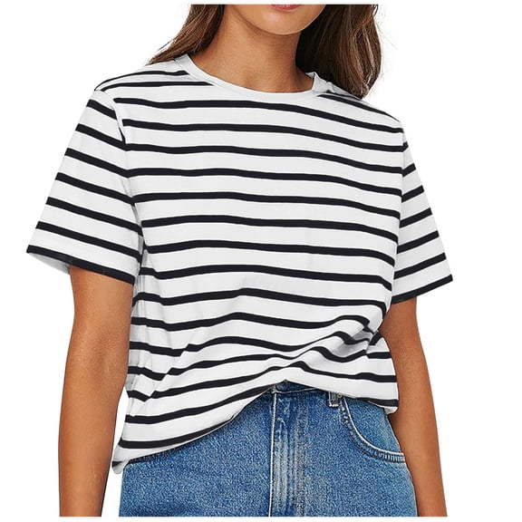 WCMZJ Women's Casual Striped Print Tops Crew Neck Short Sleeve T Shirts Summer Loose Fit Tee Tops