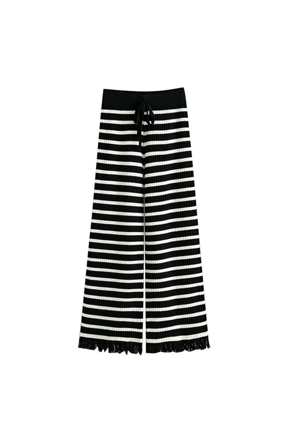 Women's Casual Wide Leg Stripe Print Pants Classic Crochet Knit Office Dress Pants Spring Fall Drawstring High Rise Lounge Palazzo Stretchy Trouser