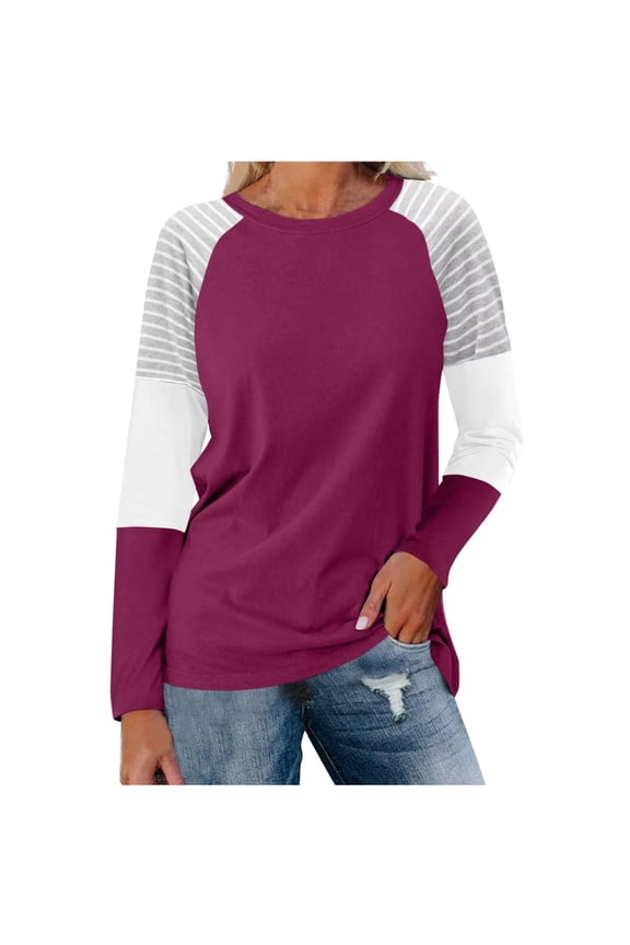 Women's Color Block Tunic Tops Casual Long Sleeve Shirts Round Neck Pullover Fall Trendy Clothes Hot Pink S