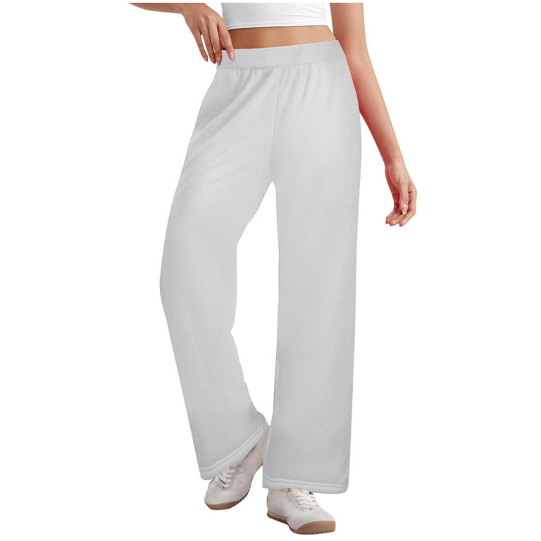 WCMZJ Women s Comfy Soft Wide Leg Sweatpants Elastic High Waist Casual Lounge Travel Relaxed Pants with Pockets White S