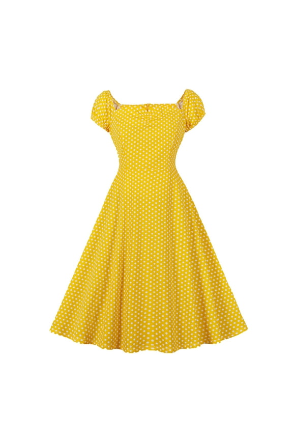 Women's Convertible off Shoulder Tie Ruched Front 1950s Vintage Dress Cup Sleeve Polka Dot Casual A-Line Swing Dresses Yellow XXL