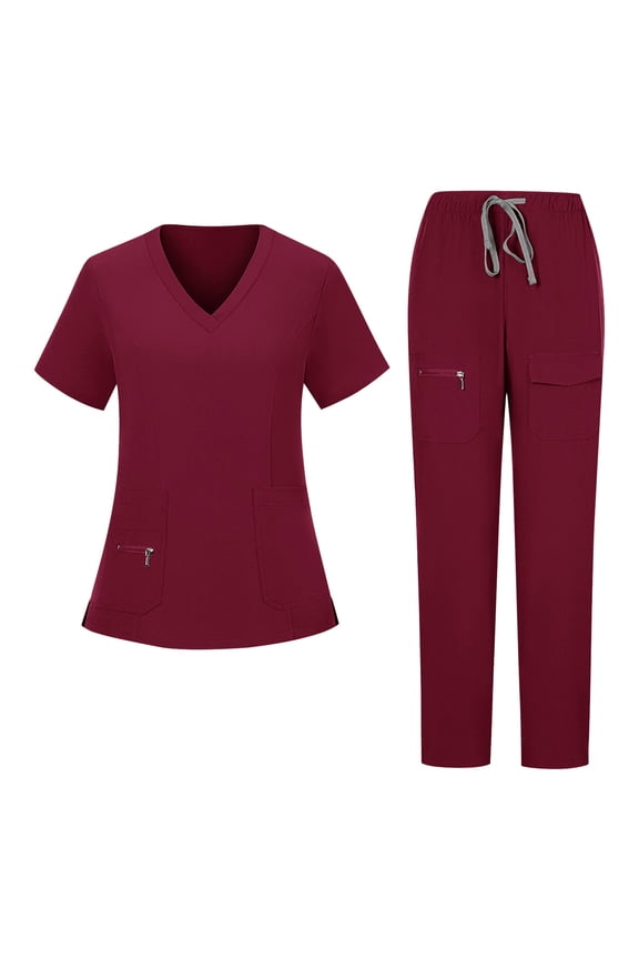Women's Cool Stretch V-Neck Top and Cargo Pant Scrub Set with Regular and Petite Sizes Wine XL