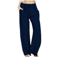 thumbnail image 1 of WCMZJ Women's Cotton Linen Pants Plus Size Drawstring Elastic Waisted Pants Casual Loose Fit Summer 2024 Comfy Wide Leg Trousers with Pockets Dark Blue L, 1 of 7