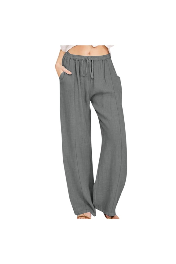 Women's Cotton Linen Pants Plus Size Drawstring Elastic Waisted Pants Casual Loose Fit Summer 2024 Comfy Wide Leg Trousers with Pockets Dark Gray 5XL