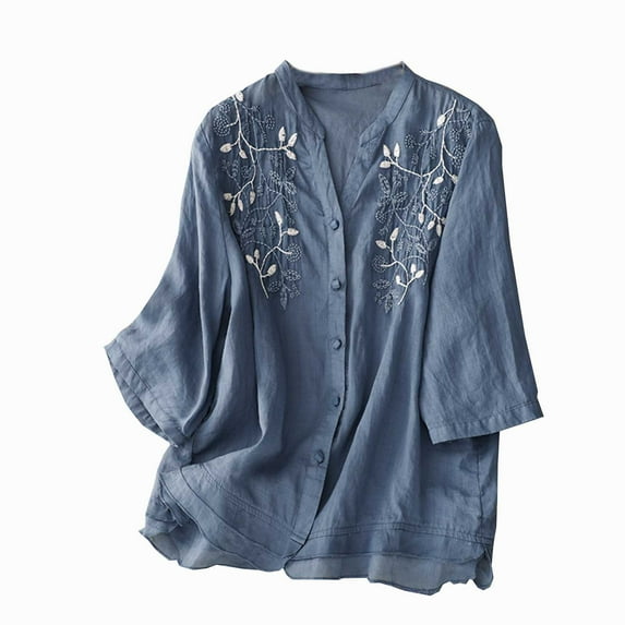 WCMZJ Women's Cotton Linen T-Shirts V Neck 3/4 Sleeve Embroidered Blouses Casual Loose Peasant Boho Button Down Tunic Tops Blue M