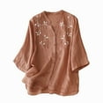 thumbnail image 1 of WCMZJ Women's Cotton Linen T-Shirts V Neck 3/4 Sleeve Embroidered Blouses Casual Loose Peasant Boho Button Down Tunic Tops Orange L, 1 of 8