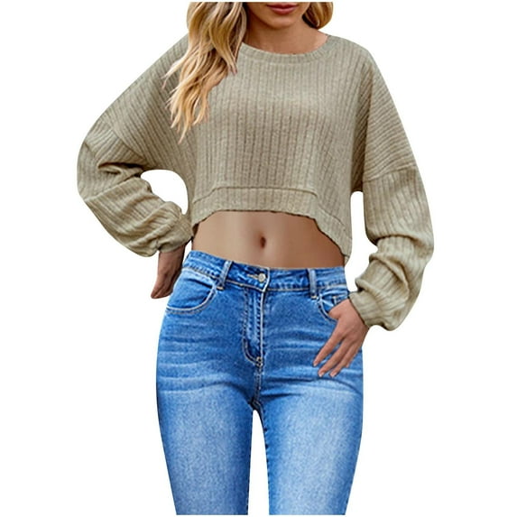 WCMZJ Women's Crew Neck Cropped Sweater Long Sleeve Drop Shouler Oversized Knit Pullover Tops Fall Outfits Khaki L
