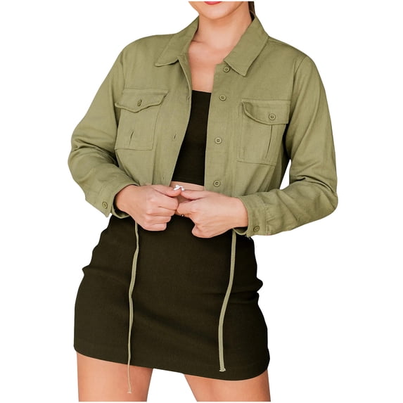 WCMZJ Women's Crop Jean Jacket Frayed Washed Button Down Cropped Denim Jacket with Pockets Lapel Drawstring Hem Green L