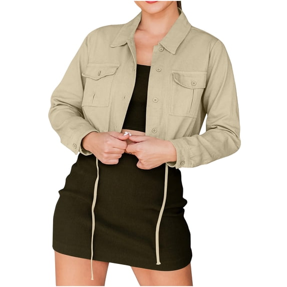 WCMZJ Women's Crop Jean Jacket Frayed Washed Button Down Cropped Denim Jacket with Pockets Lapel Drawstring Hem Khaki XL