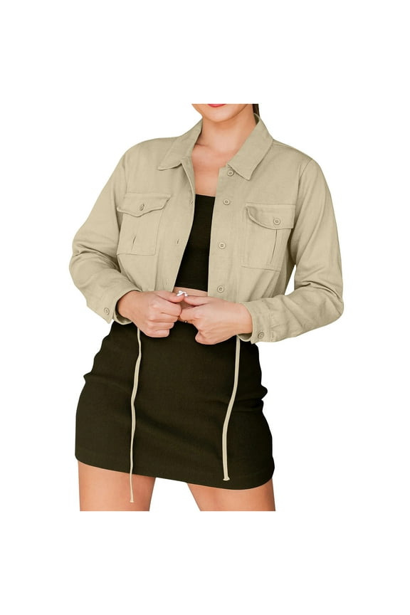 Women's Crop Jean Jacket Frayed Washed Button Down Cropped Denim Jacket with Pockets Lapel Drawstring Hem Khaki XL