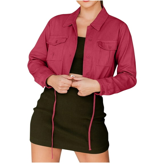WCMZJ Women's Crop Jean Jacket Frayed Washed Button Down Cropped Denim Jacket with Pockets Lapel Drawstring Hem Red M