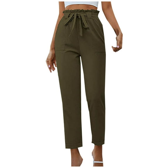 WCMZJ Women's Cropped Paper Bag Waist Pants with Pockets Slim Fit Casual Office Pencil Pants Summer Spring Striaght Leg Trousers with Tie Army Green L