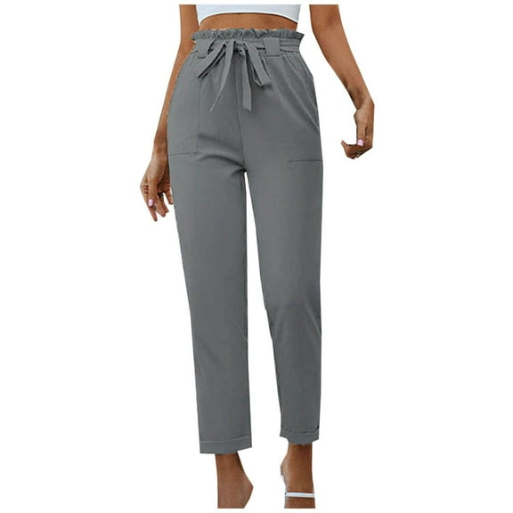 WCMZJ Women's Cropped Paper Bag Waist Pants with Pockets Slim Fit Casual Office Pencil Pants Summer Spring Striaght Leg Trousers with Tie Gray L