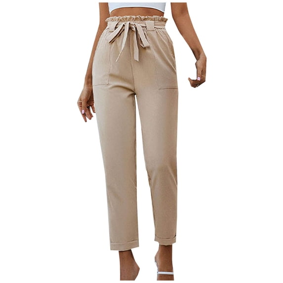 WCMZJ Women's Cropped Paper Bag Waist Pants with Pockets Slim Fit Casual Office Pencil Pants Summer Spring Striaght Leg Trousers with Tie Khaki XL