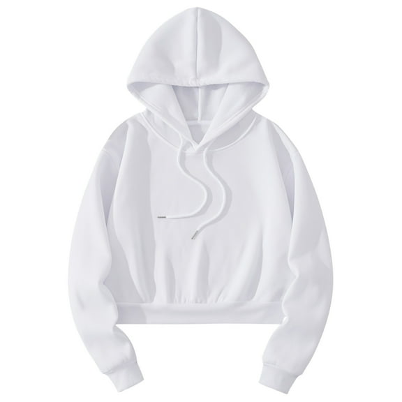WCMZJ Women's Cropped Sweatshirt Long Sleeves Drawstring Pullover Solid Color Casual Basic Crop Hoodie Tops Trendy Fall Clothes White L