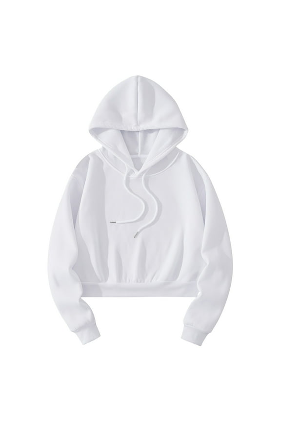 Women's Cropped Sweatshirt Long Sleeves Drawstring Pullover Solid Color Casual Basic Crop Hoodie Tops Trendy Fall Clothes White L