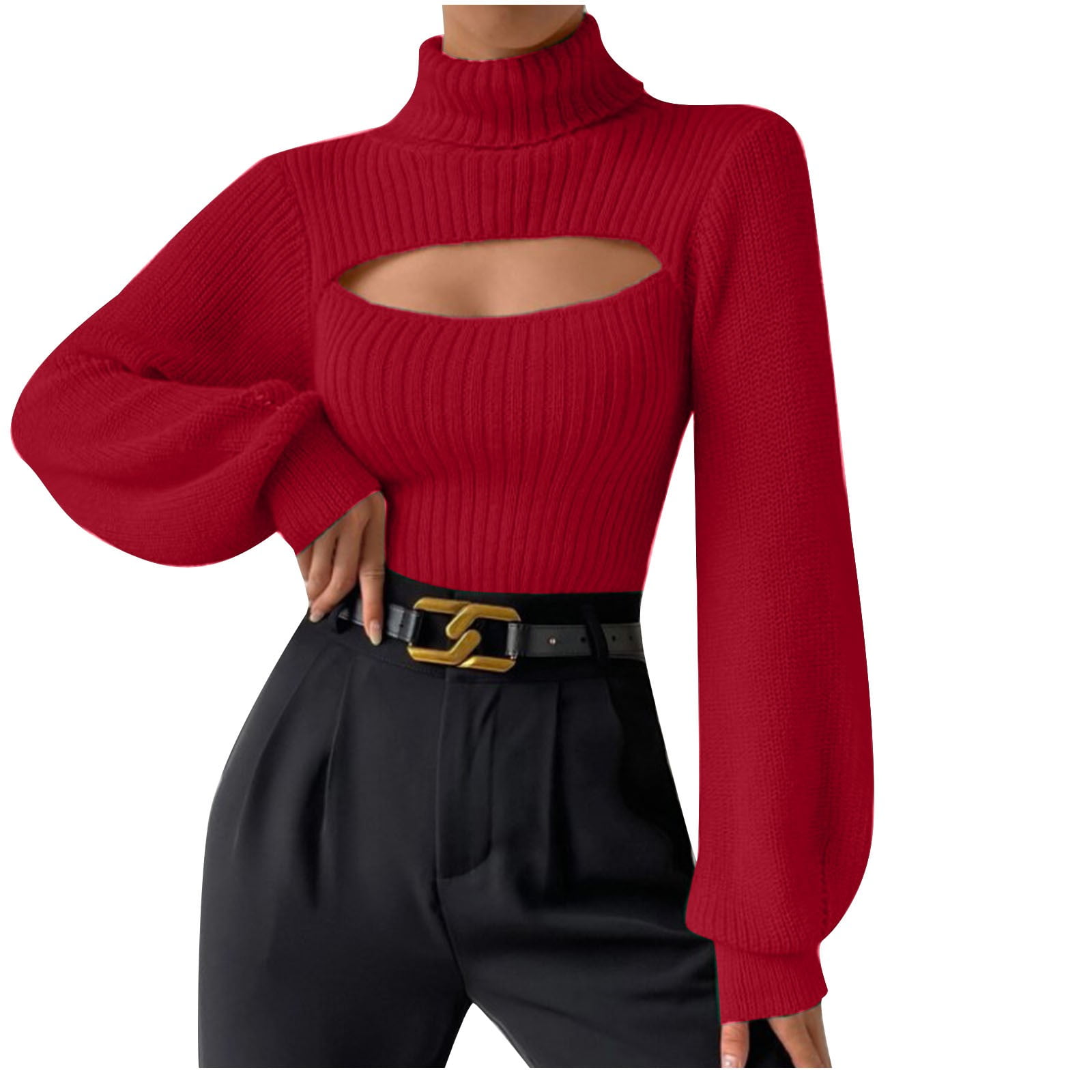WCMZJ Women's Cut Out Turtleneck Sweater Slim Fit Eyelet Detail