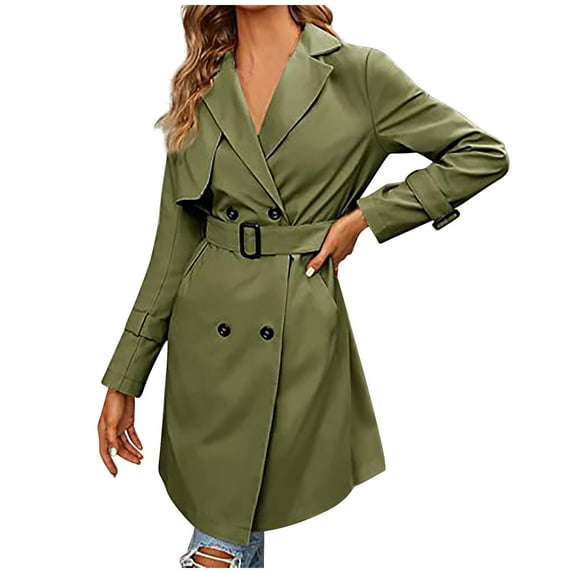 WCMZJ Women's Double Breasted Trench Coats Mid-Length Belted Overcoat Long Dress Jacket with Pockets Classic Lapel Outerwear Coat Army Green S