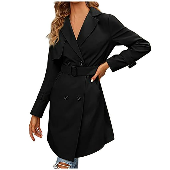 WCMZJ Women's Double Breasted Trench Coats Mid-Length Belted Overcoat Long Dress Jacket with Pockets Classic Lapel Outerwear Coat Black L