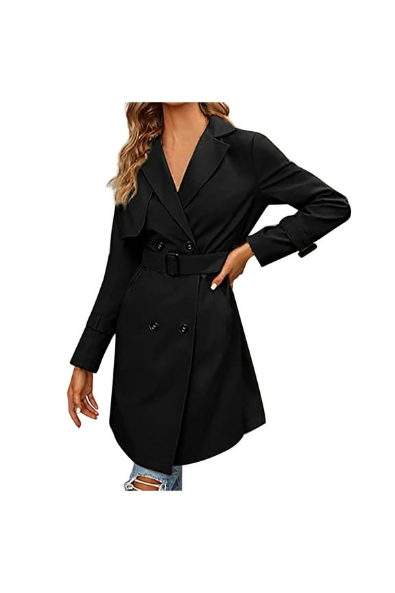Women's Double Breasted Trench Coats Mid-Length Belted Overcoat Long Dress Jacket with Pockets Classic Lapel Outerwear Coat Black S