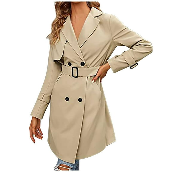 WCMZJ Women's Double Breasted Trench Coats Mid-Length Belted Overcoat Long Dress Jacket with Pockets Classic Lapel Outerwear Coat Khaki S
