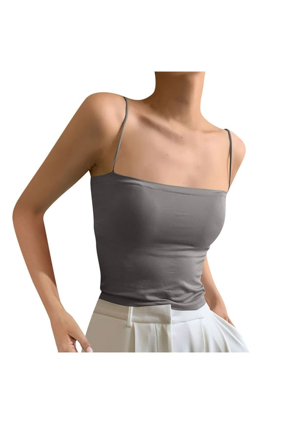 Women's Double Lined Basic Tank Top Adjustable Spaghetti Straps Sleeveless Camisole Shirts Gray M