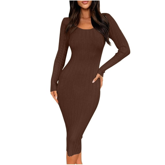 WCMZJ Women's Dress 2024 Fall Long Sleeve Scoop Neck Fitted Knit Midi Party Club Slit Bodycon Dresses Coffee S
