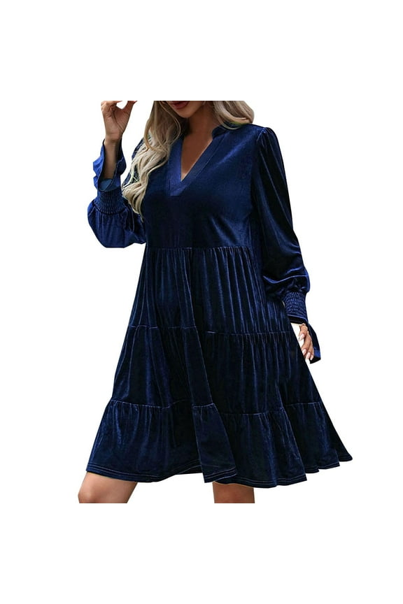 Women's Elegant Velvet Dress V Neck Tiered Babydoll Aline Flowy Formal Wedding Bridesmaid Mini Dresses Blue L