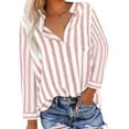 thumbnail image 1 of WCMZJ Women's Fall Cotton 3/4 Sleeves Shirts Striped Print Casual V Neck Button Down Shirts Casual Tee Blouses with Pockets Pink M, 1 of 6