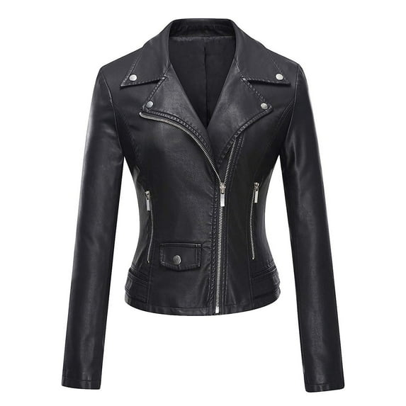 WCMZJ Women's Faux Leather Jacket with Pockets Long Sleeve Lapel Moto Biker Short Coat Slim Fit PU Outwear for Fall and Winter Black XS