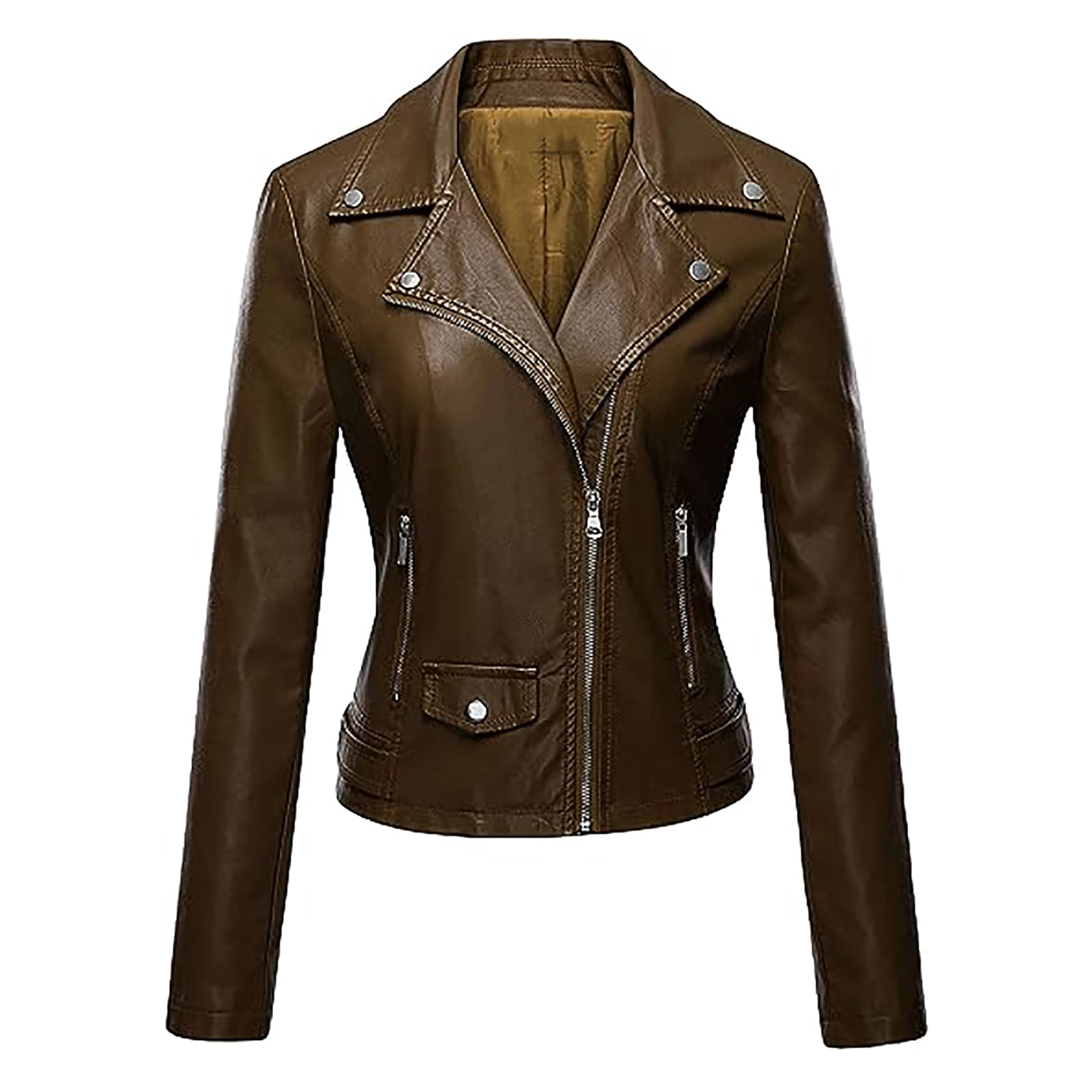 WCMZJ Women's Faux Leather Jacket with Pockets Long Sleeve Lapel Moto Biker Short Coat Slim Fit PU Outwear for Fall and Winter Coffee S