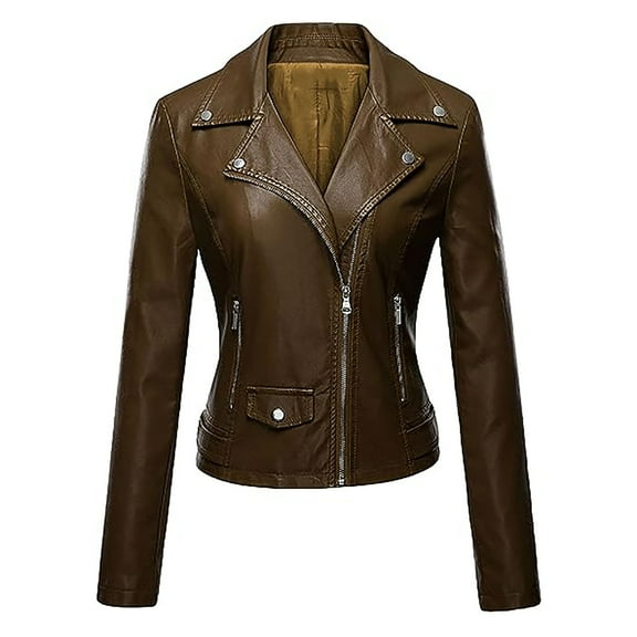 WCMZJ Women's Faux Leather Jacket with Pockets Long Sleeve Lapel Moto Biker Short Coat Slim Fit PU Outwear for Fall and Winter Coffee XS