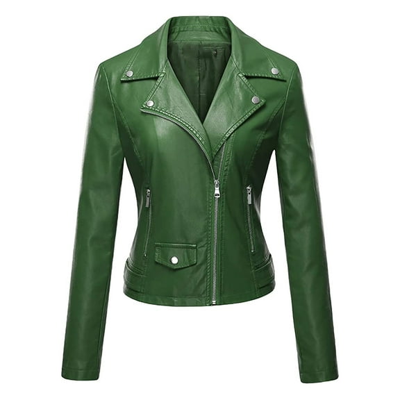 WCMZJ Women's Faux Leather Jacket with Pockets Long Sleeve Lapel Moto Biker Short Coat Slim Fit PU Outwear for Fall and Winter Green S