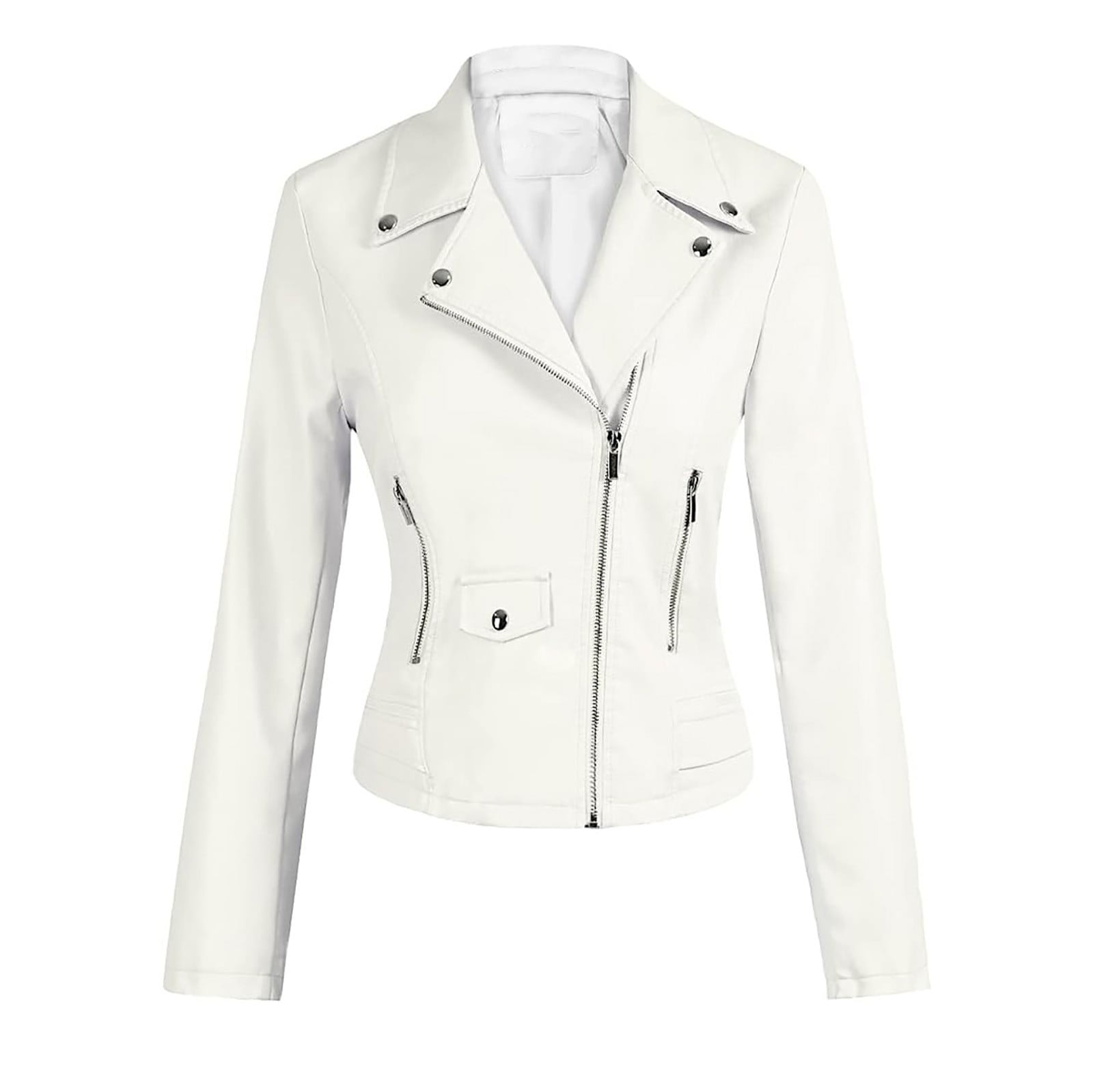 WCMZJ Women's Faux Leather Jacket with Pockets Long Sleeve Lapel Moto Biker Short Coat Slim Fit PU Outwear for Fall and Winter White M
