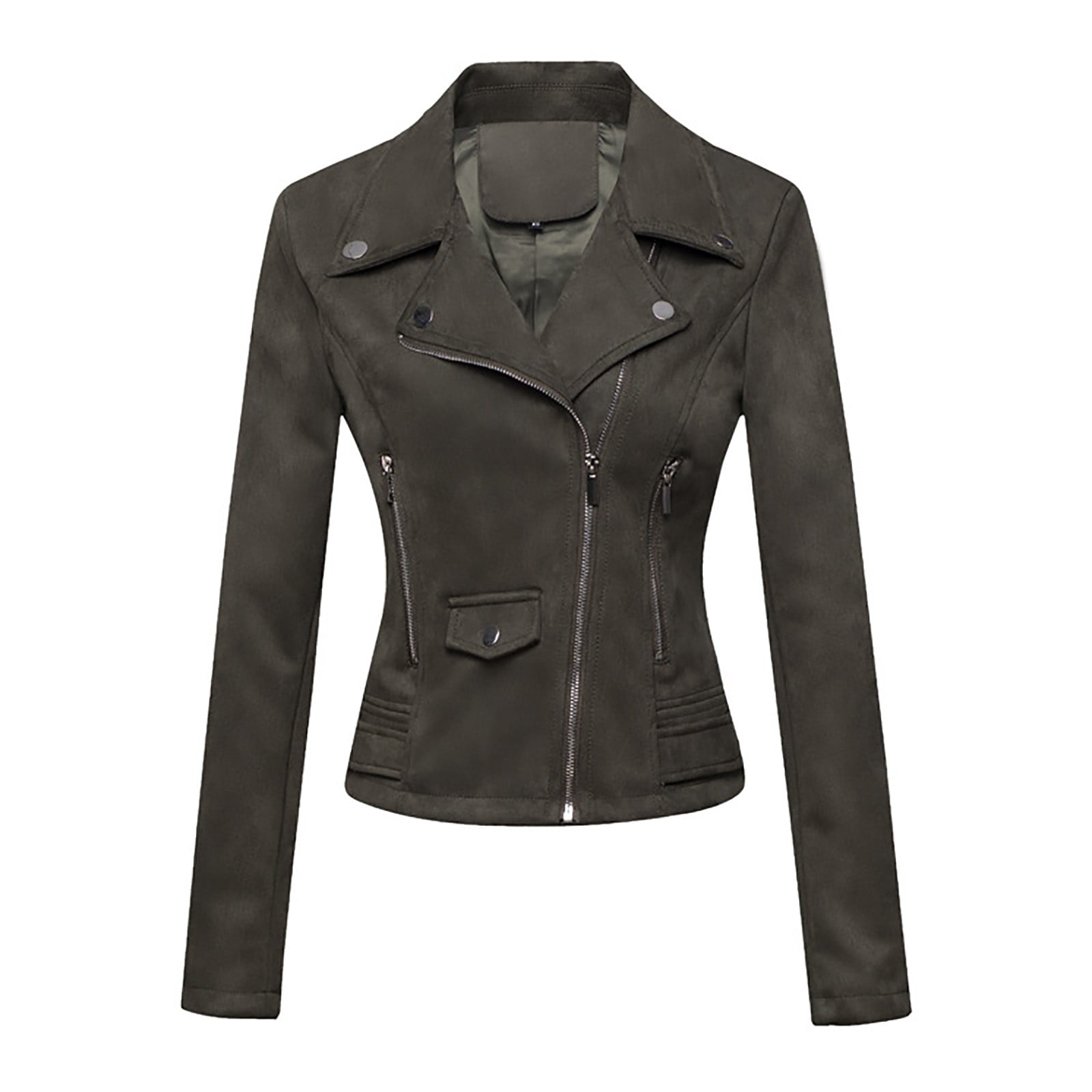 WCMZJ Women's Faux Leather Moto Biker Short Coat Jacket Long Sleeve Zipper Closure PU Outwear with Pockets Army Green XS