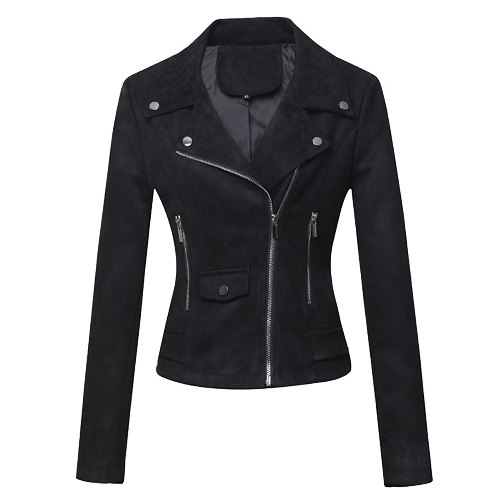 WCMZJ Women's Faux Leather Moto Biker Short Coat Jacket Long Sleeve Zipper Closure PU Outwear with Pockets Black M