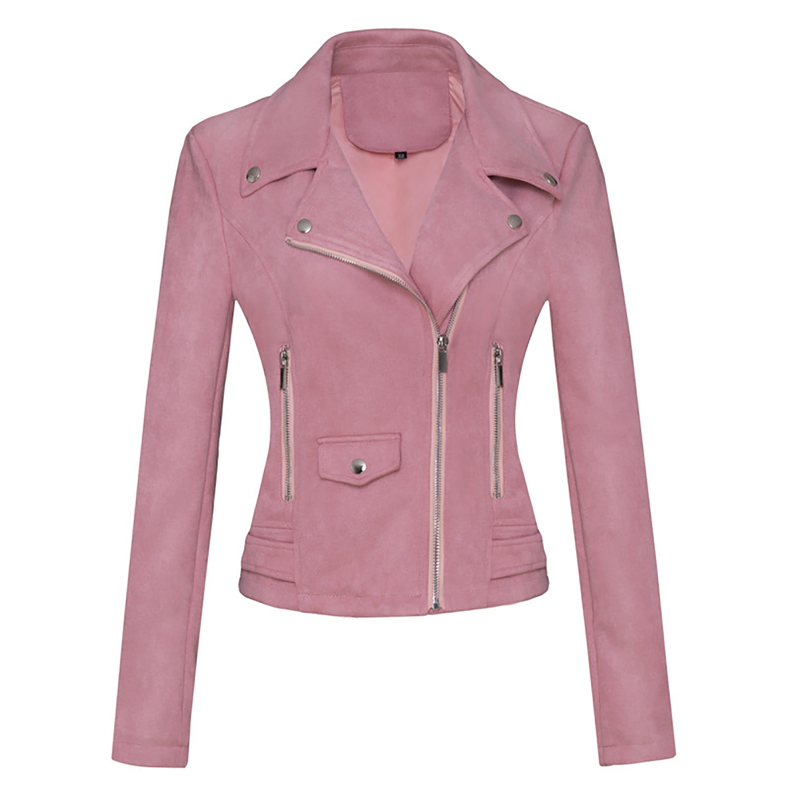 WCMZJ Women's Faux Leather Moto Biker Short Coat Jacket Long Sleeve Zipper Closure PU Outwear with Pockets Pink M