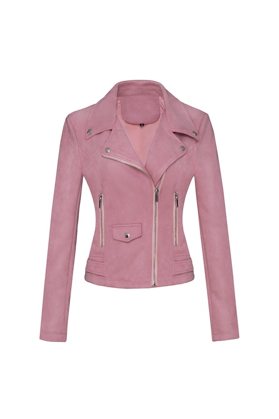 Women's Faux Leather Moto Biker Short Coat Jacket Long Sleeve Zipper Closure PU Outwear with Pockets Pink M