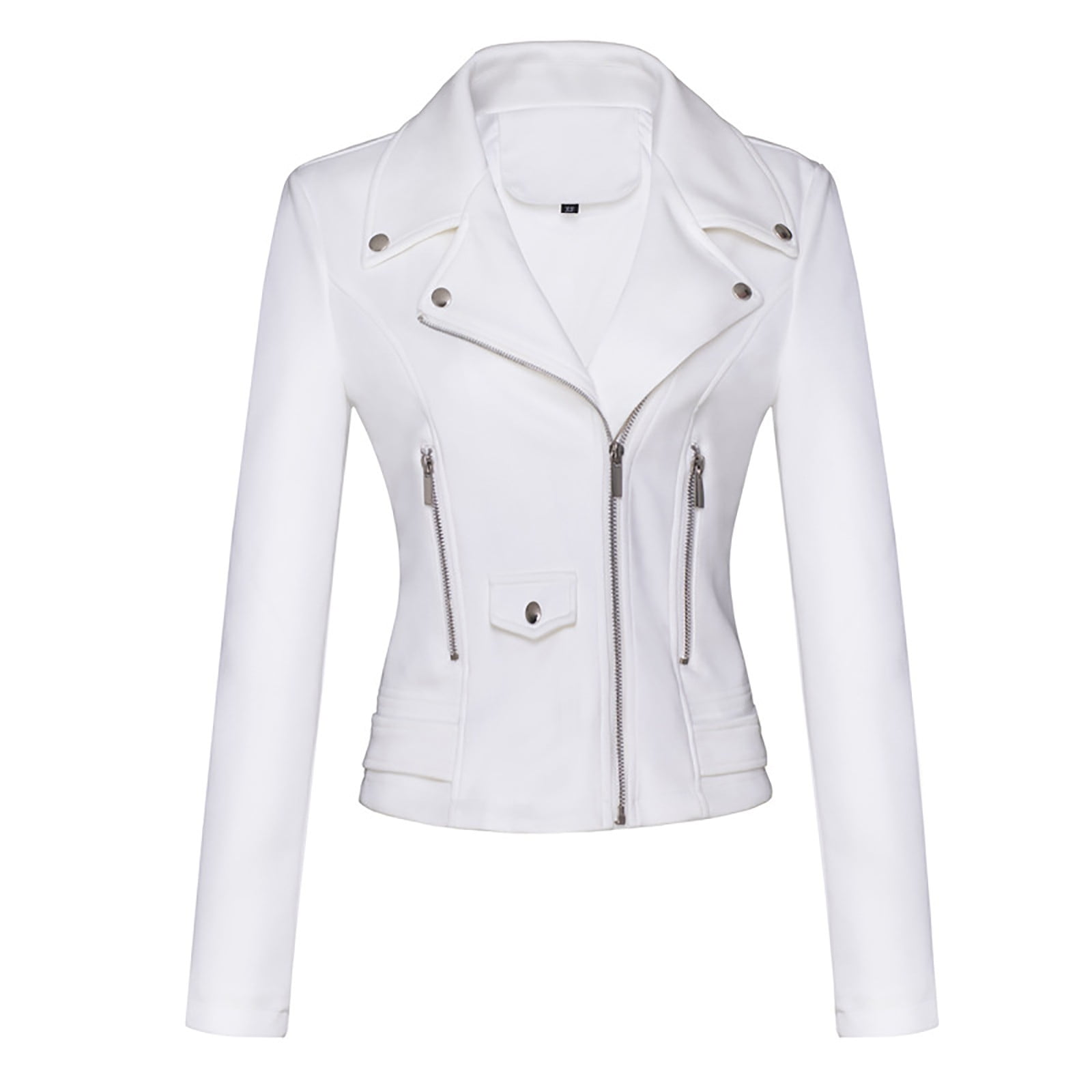 WCMZJ Women's Faux Leather Moto Biker Short Coat Jacket Long Sleeve Zipper Closure PU Outwear with Pockets White S