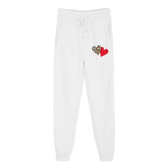 WCMZJ Women's Fleece Lined Winter Sweatpants with Pockets Leopard Love Heart Print High Waisted Sherpa Lined Pants White M
