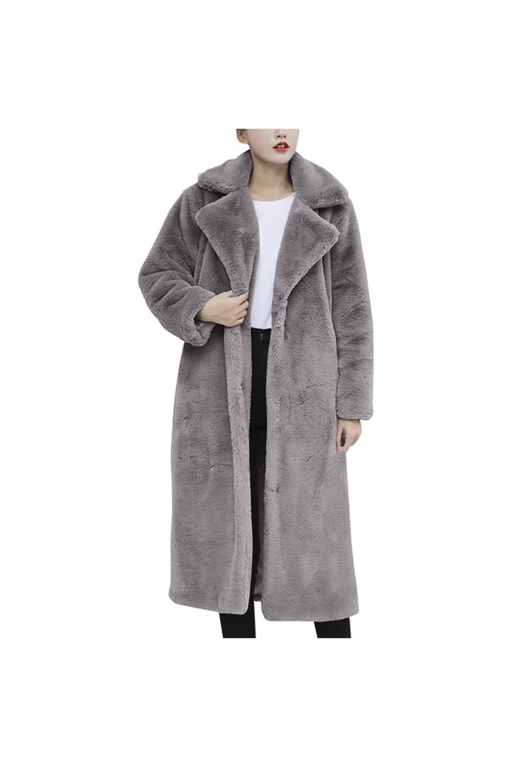 Women's Fuzzy Fleece Winter Jacket Faux Fur Lapel Coat Mid Length Sherpa Teddy Coat Warm Winter Trendy Clothes Gray S
