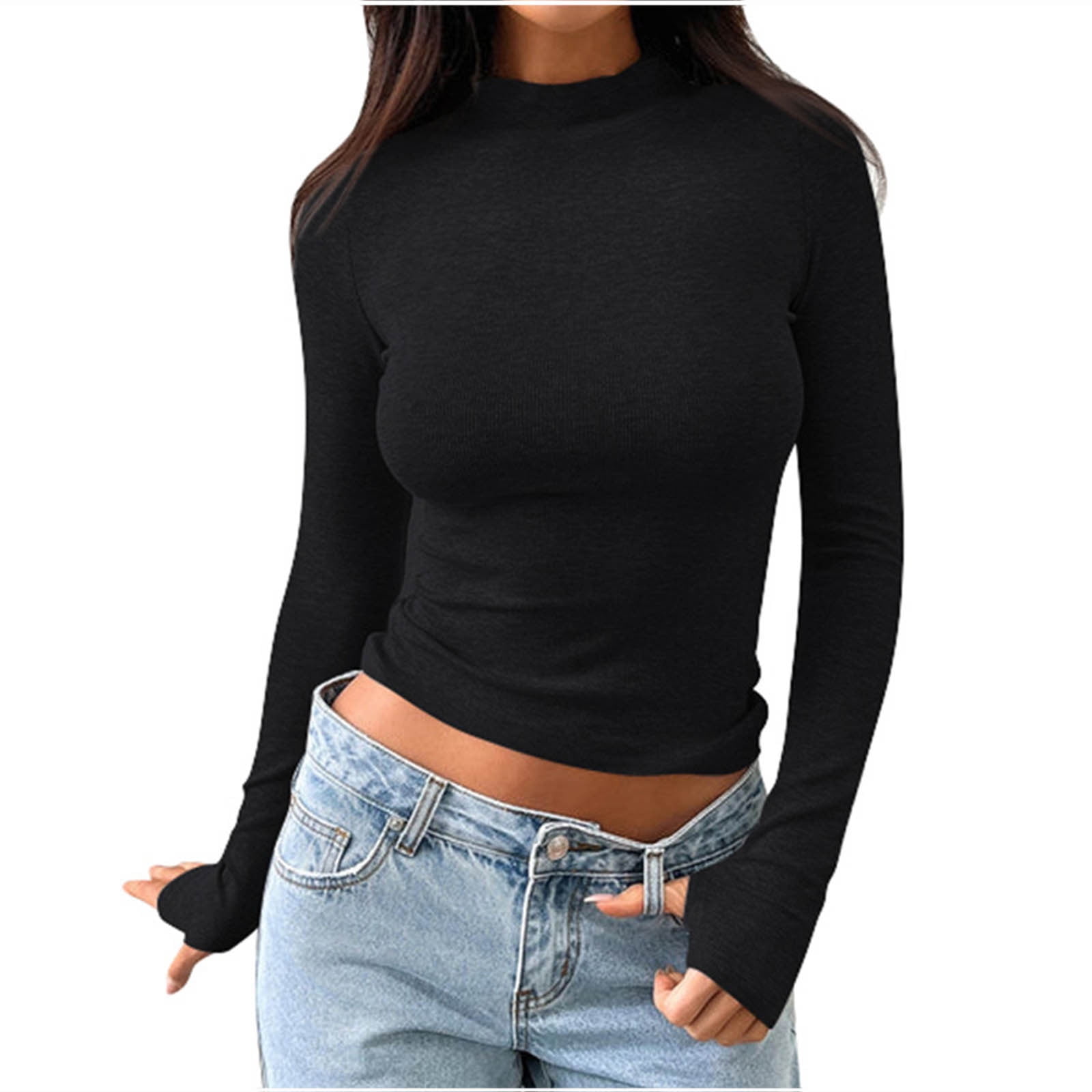 WCMZJ Women's Going Out Crop Tops Slim Fit Long Sleeve Mock Neck