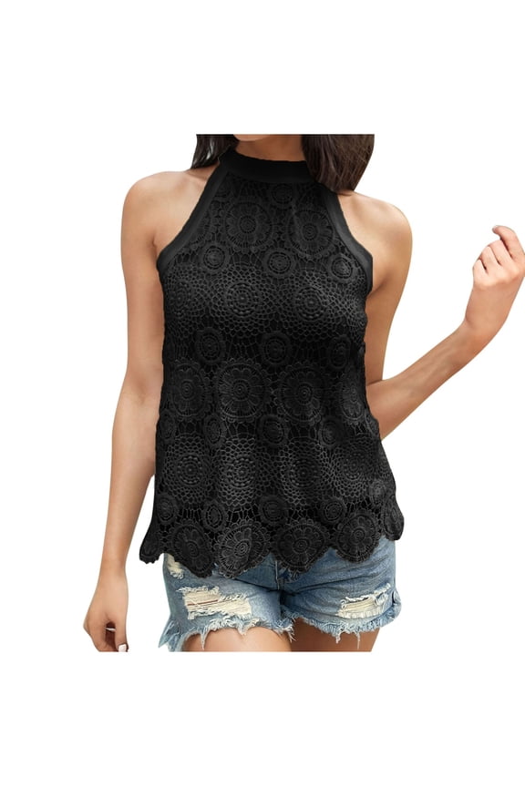 Women's Halter Neck Guipure Lace Tie Back Elegant Blouse Summer Sleeveless Top Double Layer Beach Shirts