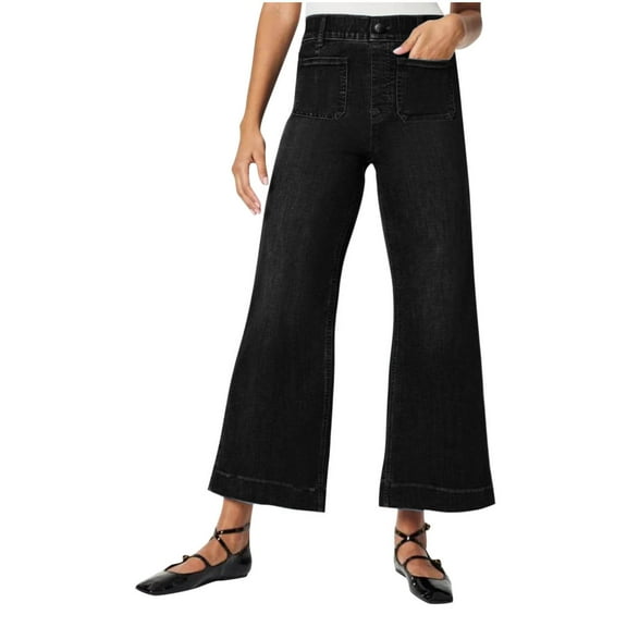 WCMZJ Women's High Waisted Tummy Control Sailor Wide Leg Trouser Cropped Wide Leg Baggy Stretchy Denim Jean with Front Pockets Black 3XL