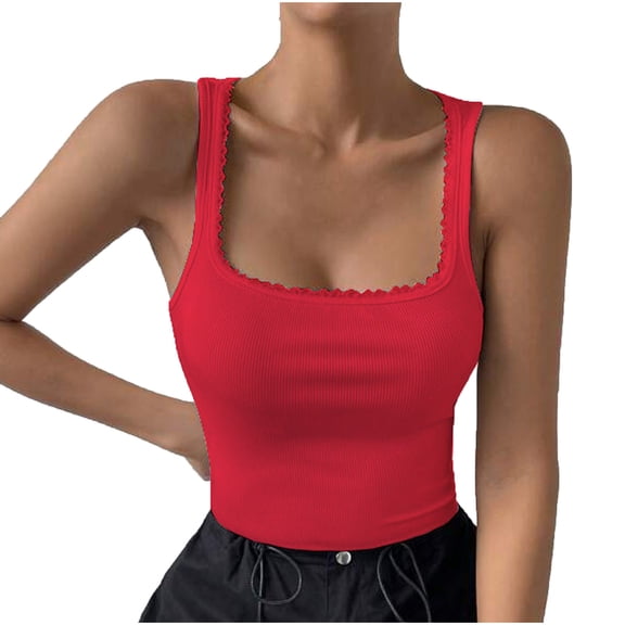 WCMZJ Women's Lace Neckline Sleeveless Camisole Square Neck Solid Color Ribbed Knit Tank Top Casual Going Out Shirt