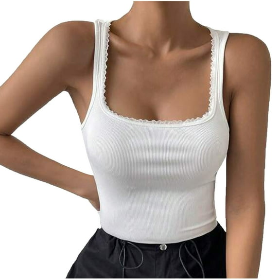 WCMZJ Women's Lace Neckline Sleeveless Camisole Square Neck Solid Color Ribbed Knit Tank Top Casual Going Out Shirt
