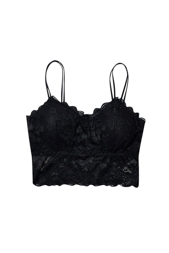 Women's Lace Trim Bralettes Wirefree Removable Padded V Neck Bra Floral Embroidered Spaghetti Strappy Slim Basic Cropped Tops Bustier Tops
