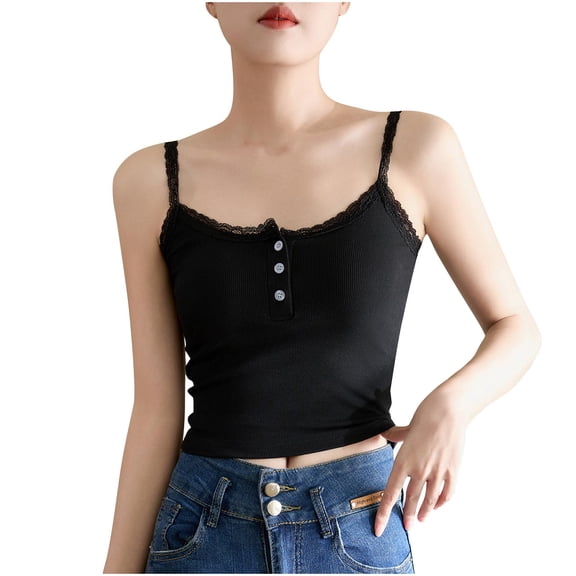 WCMZJ Women's Lace Trim Cami Crop Top Scoop Neck Button Front Sleeveless Spaghetti Strap Y2k Tops Black XL