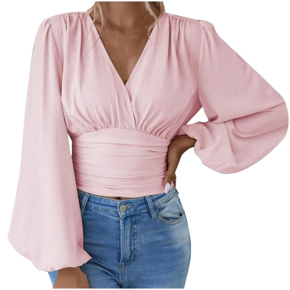 WCMZJ Women's Lantern Sleeve Ruched Crop Blouse Wrap Front V Neck Cropped Top Solid Color Bussiness Office Work Shirt Fall 2024 Pink S